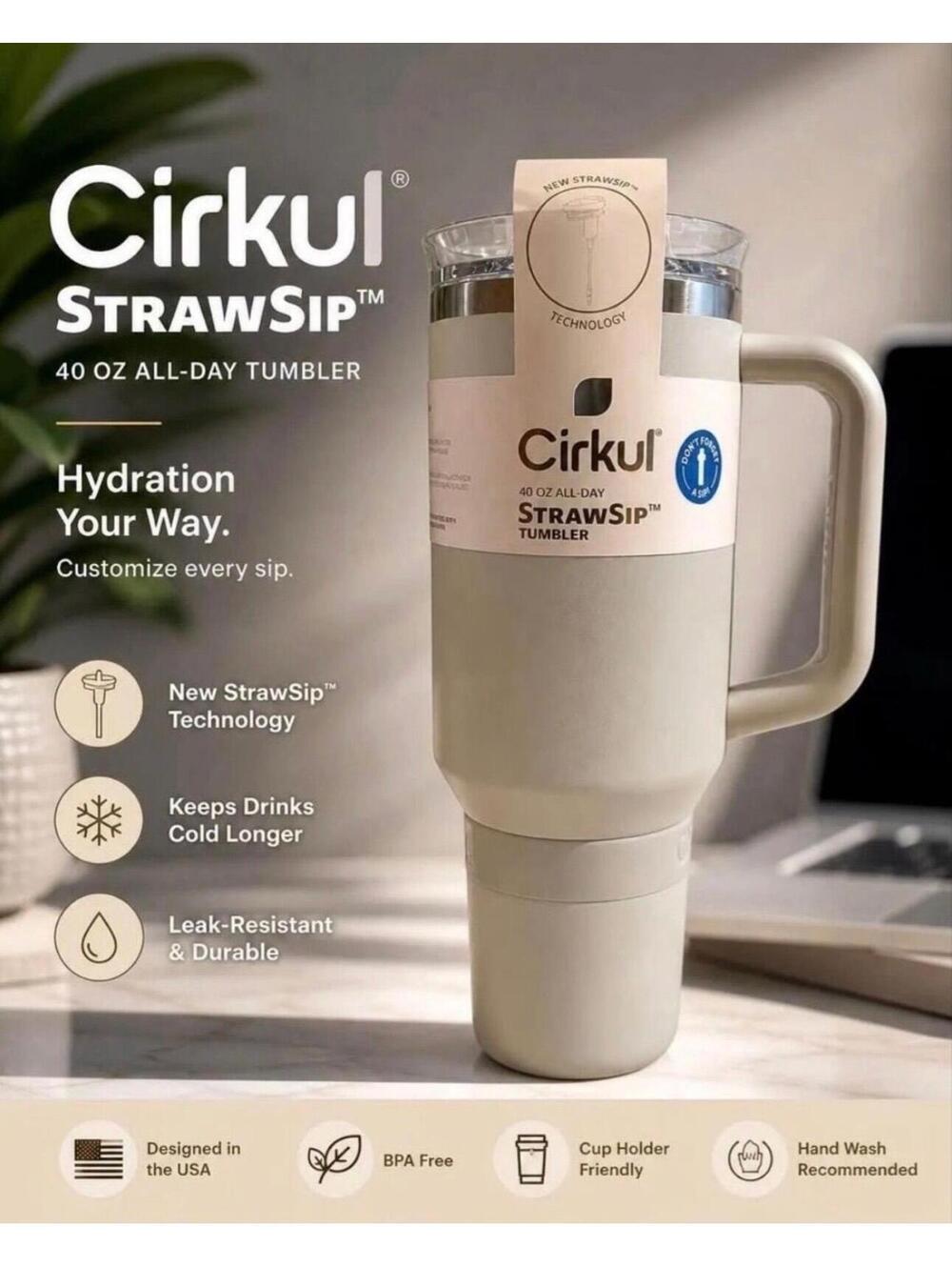 Cirkul 40 oz. All Day Straw Sip Tumbler Grey Insulated SS